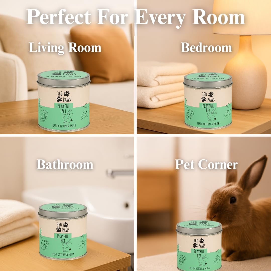 360 Paws Playful Pet Odour Neutralising Candle, Fresh Cotton & Musk, 50 Hour Burn Time, Pet-Safe AromaGuard™ Technology, Natural Wax, Reusable Tin