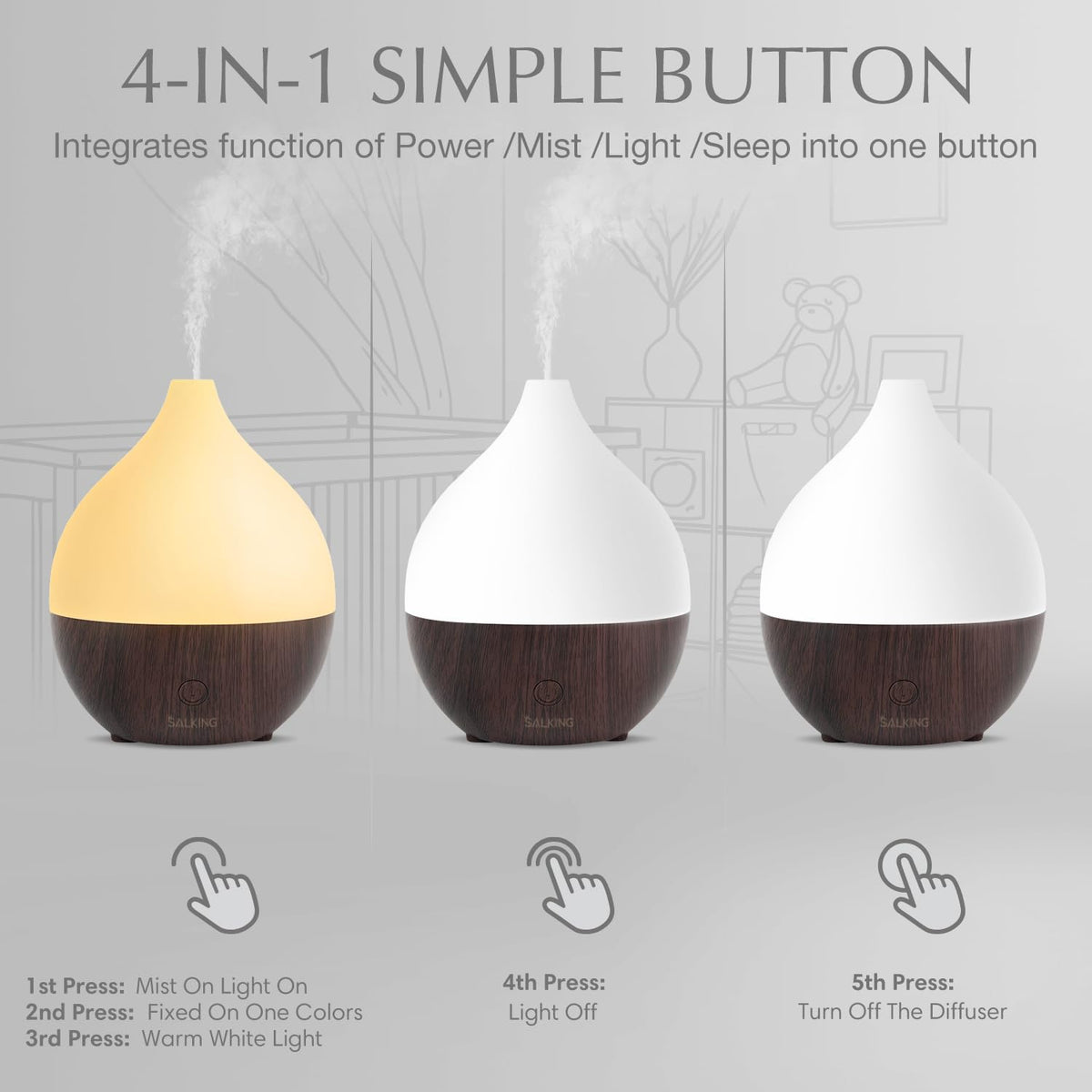 SALKING Essential Oil Diffuser, 100ml Small Aromatherapy Ultrasonic Cool Mist Humidifier with Warm White Lights, Auto Shut-Off Function, for Office Home