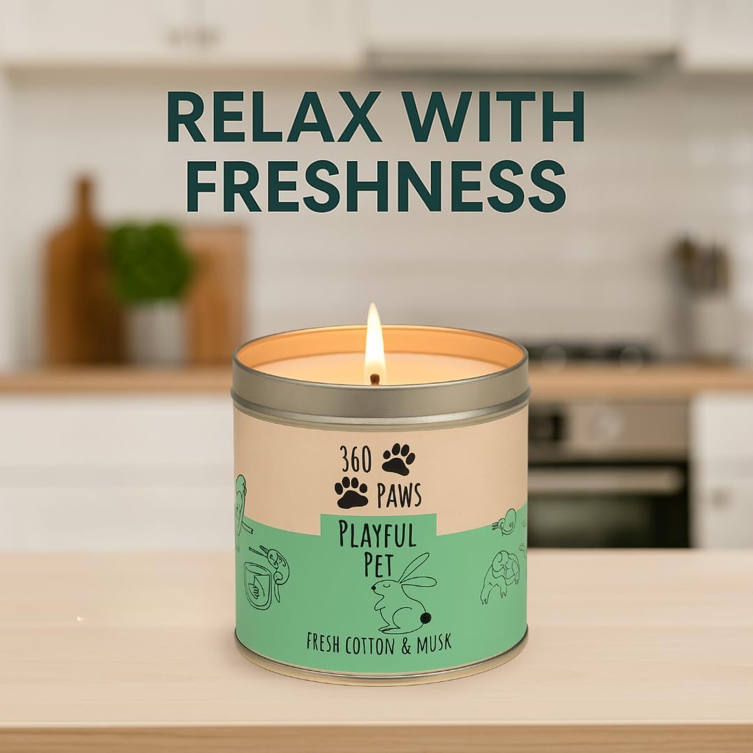 360 Paws Playful Pet Odour Neutralising Candle, Fresh Cotton & Musk, 50 Hour Burn Time, Pet-Safe AromaGuard™ Technology, Natural Wax, Reusable Tin