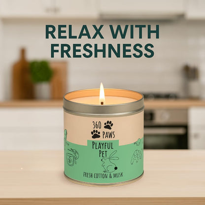 360 Paws Playful Pet Odour Neutralising Candle, Fresh Cotton & Musk, 50 Hour Burn Time, Pet-Safe AromaGuard™ Technology, Natural Wax, Reusable Tin