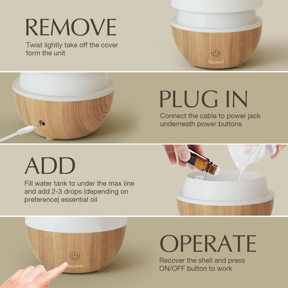 SALKING Essential Oil Diffuser, 100ml Small Aromatherapy Ultrasonic Cool Mist Humidifier with Warm White Lights, Auto Shut-Off Function, for Office Home