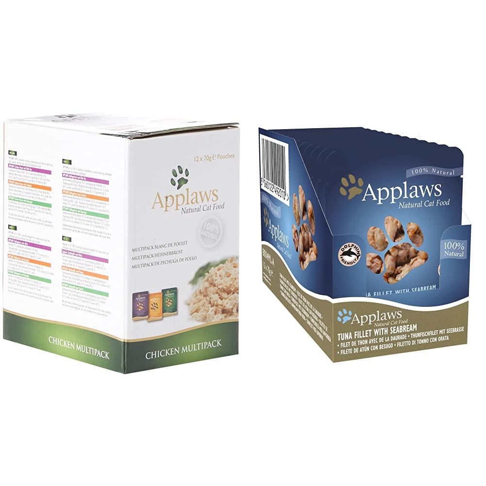 Applaws 100% Natural Wet Cat Food, Pouch Multipack Tuna Selection in Broth, 70 g (12 x 70 g Pouches)