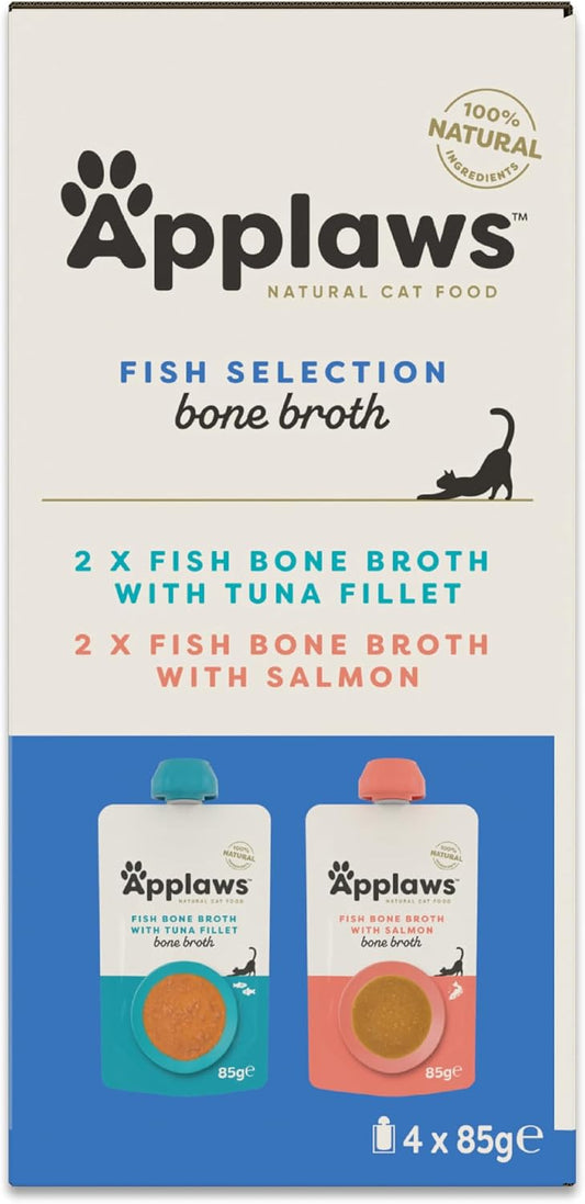 Applaws Natural Cat Food Toppers, Fish Bone Broth Pouches - 4 x 85g