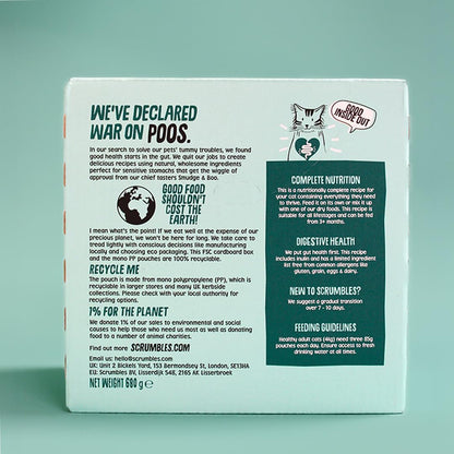 Scrumbles • Wet Cat Pouches • Gravy Fish • Hypoallergenic • All Lifestages • 2x Chicken with Tuna • 3x Chicken with Cod • 2xChicken with Salmon • 8 Pouches (85g) • 80%+ Meat • Prebiotics