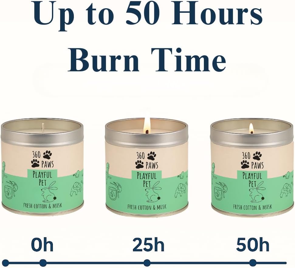 360 Paws Playful Pet Odour Neutralising Candle, Fresh Cotton & Musk, 50 Hour Burn Time, Pet-Safe AromaGuard™ Technology, Natural Wax, Reusable Tin