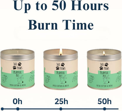 360 Paws Playful Pet Odour Neutralising Candle, Fresh Cotton & Musk, 50 Hour Burn Time, Pet-Safe AromaGuard™ Technology, Natural Wax, Reusable Tin