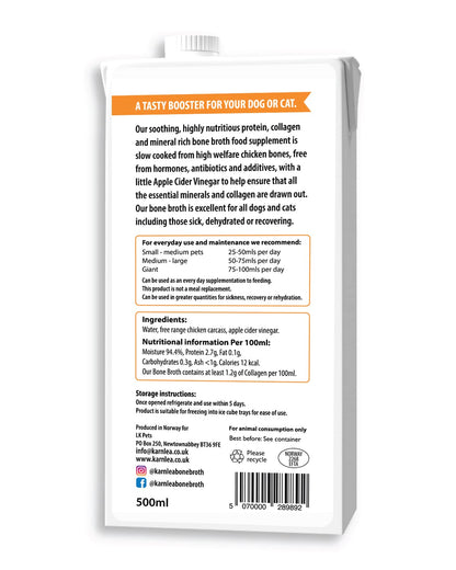 Chicken Bone Broth for Dogs & Cats - Free Range | 100% Real & Natural Liquid Bone Broth for Pets | High in Collagen & Protein for Healthy Joints, Gut, Digestion, Skin & Sickness Recovery