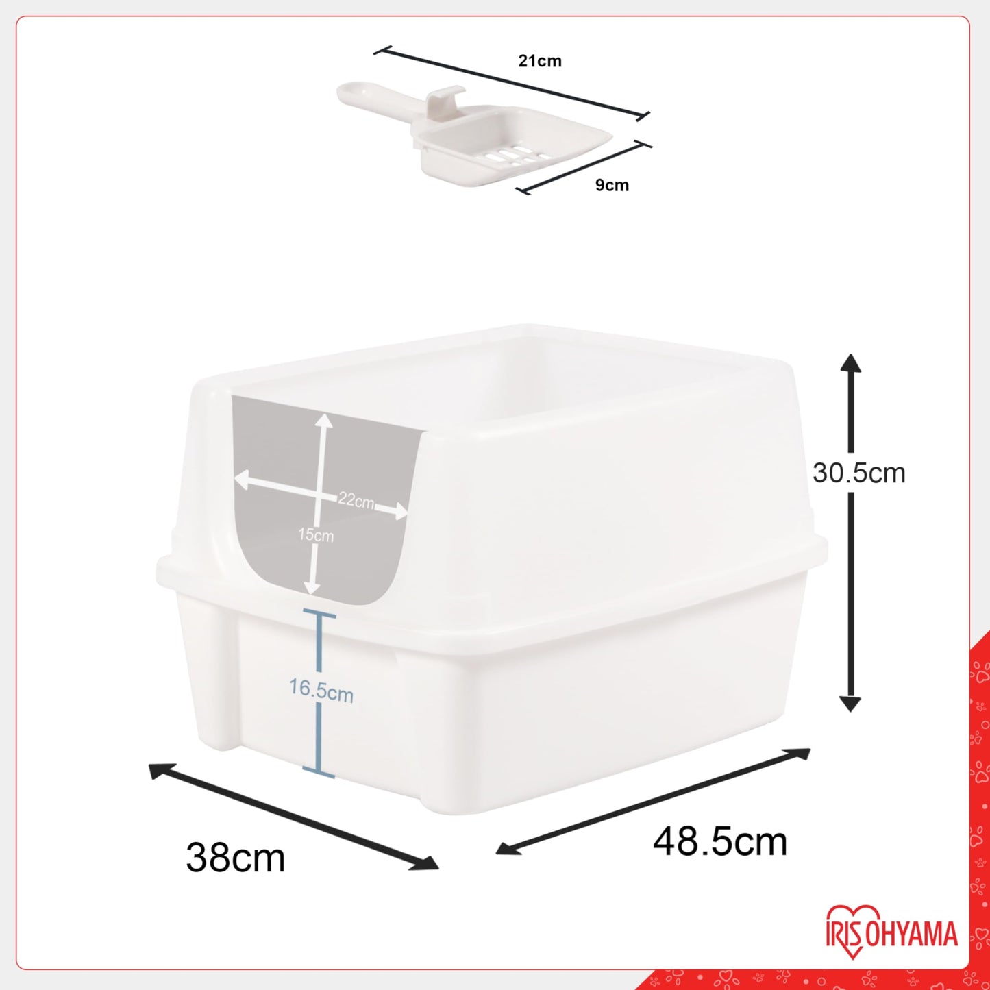 Iris Ohyama Cat Litter Tray with Scoop, Grey, Easy to Clean, Cat Litter Box, Detachable Spill Preventing Walls, For Kittens, Adult Cats, Rabbits, BPA Free, Open Top, Modern, CLH-12