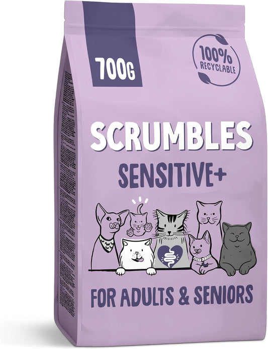Scrumbles • Dry Cat Food • Hypoallergenic • All Lifestages • Chicken 74% • 700g Bag • Joint Care • Natural Complete Adult Recipe • Gut Friendly Prebiotics & Probiotics • Gluten Free