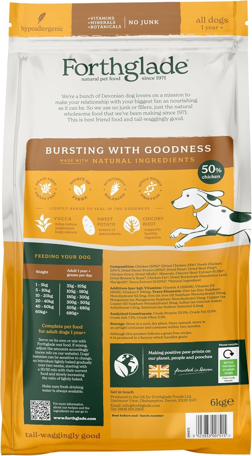Forthglade Dry Dog Food, Lightly Baked, (6kg), Hypoallergenic and Grain Free Dog Food, Adult 1 Year +, Chicken With Sweet Potato, Complete and Balanced Meal, 50% Single Source Protein