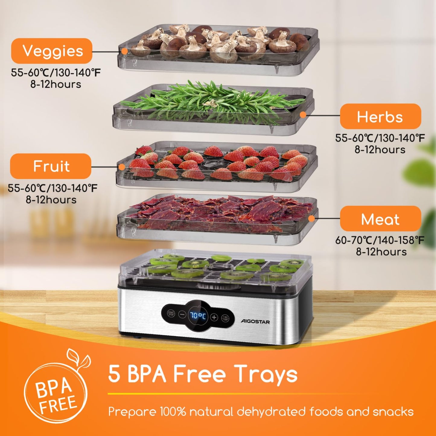 Aigostar 5 Tier Food Dehydrator, 240W Food Dryer Machine with 99 H-Timer, 35-70℃ Temperature Adjustable and LED Display for Drying Fruit, Meat, Vegetable, Jerky and Pet Treat, BPA Free - Crispy 12YXA