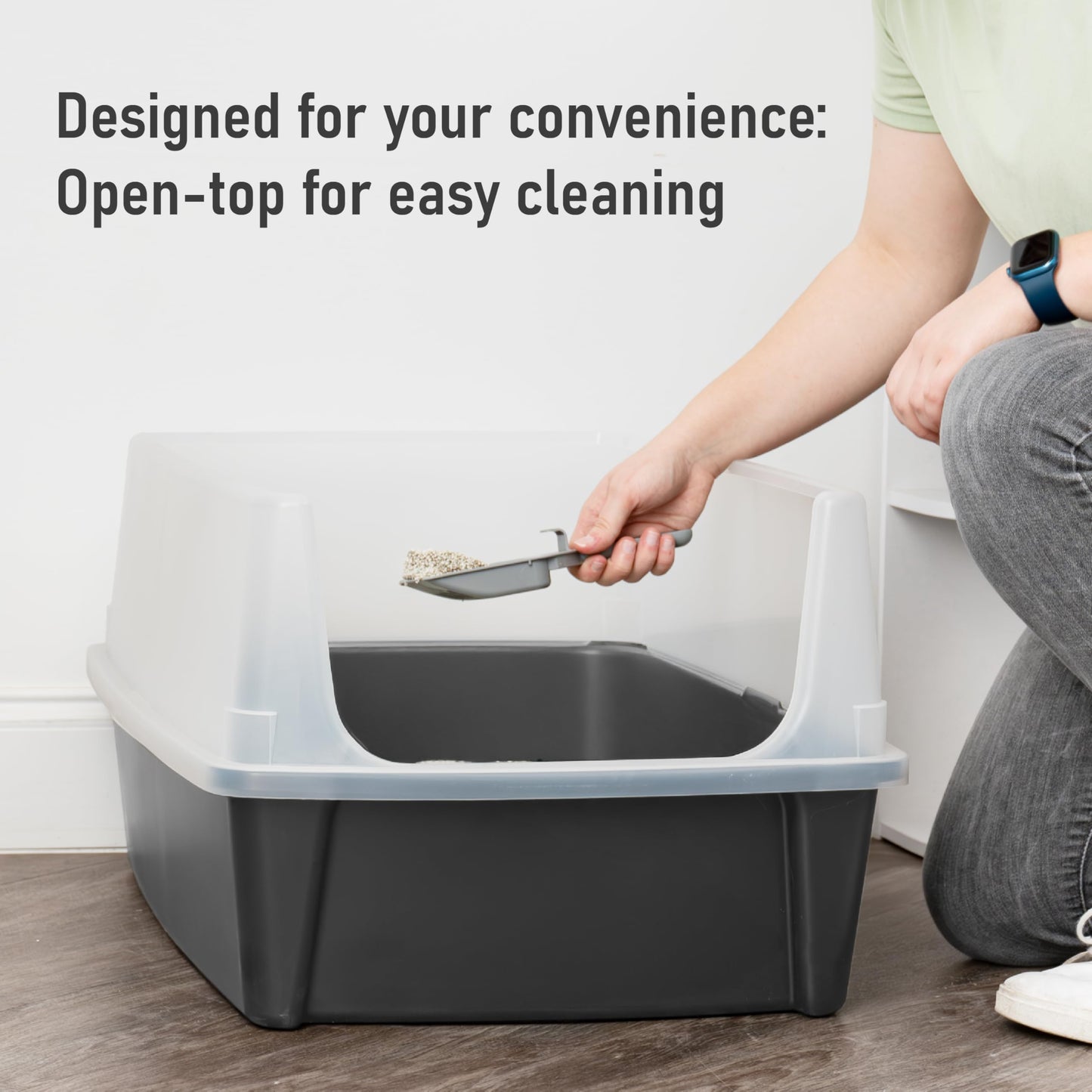 Iris Ohyama Cat Litter Tray with Scoop, Grey, Easy to Clean, Cat Litter Box, Detachable Spill Preventing Walls, For Kittens, Adult Cats, Rabbits, BPA Free, Open Top, Modern, CLH-12