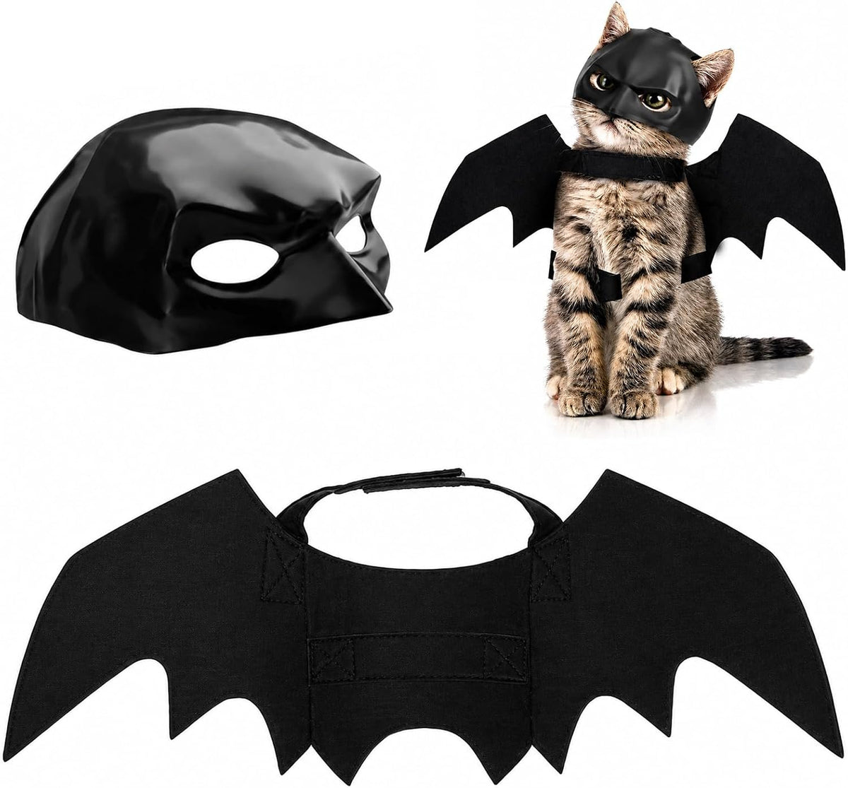 Halloween Cat Costume Bat Wings & Mask Pet Costume Accessory 2Pcs (Black)