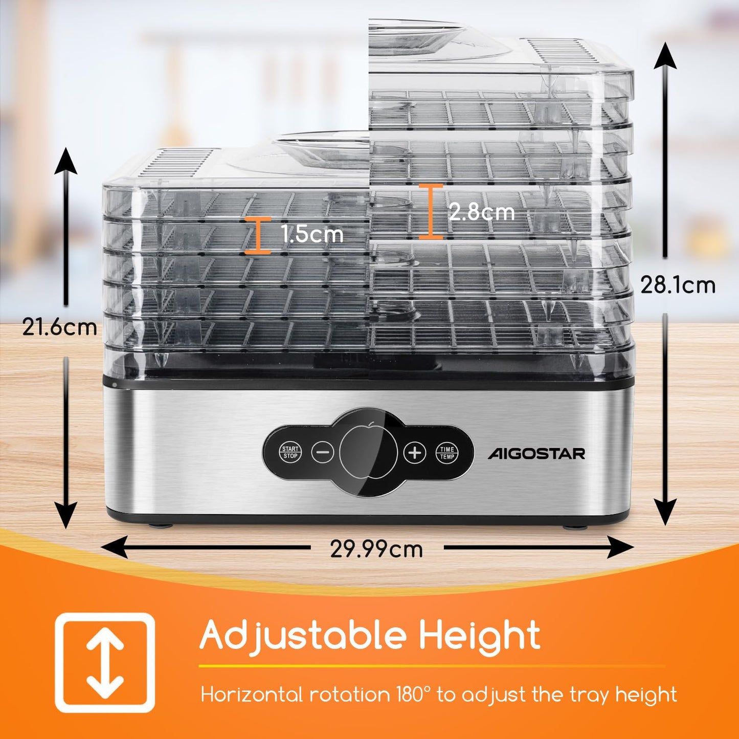 Aigostar 5 Tier Food Dehydrator, 240W Food Dryer Machine with 99 H-Timer, 35-70℃ Temperature Adjustable and LED Display for Drying Fruit, Meat, Vegetable, Jerky and Pet Treat, BPA Free - Crispy 12YXA
