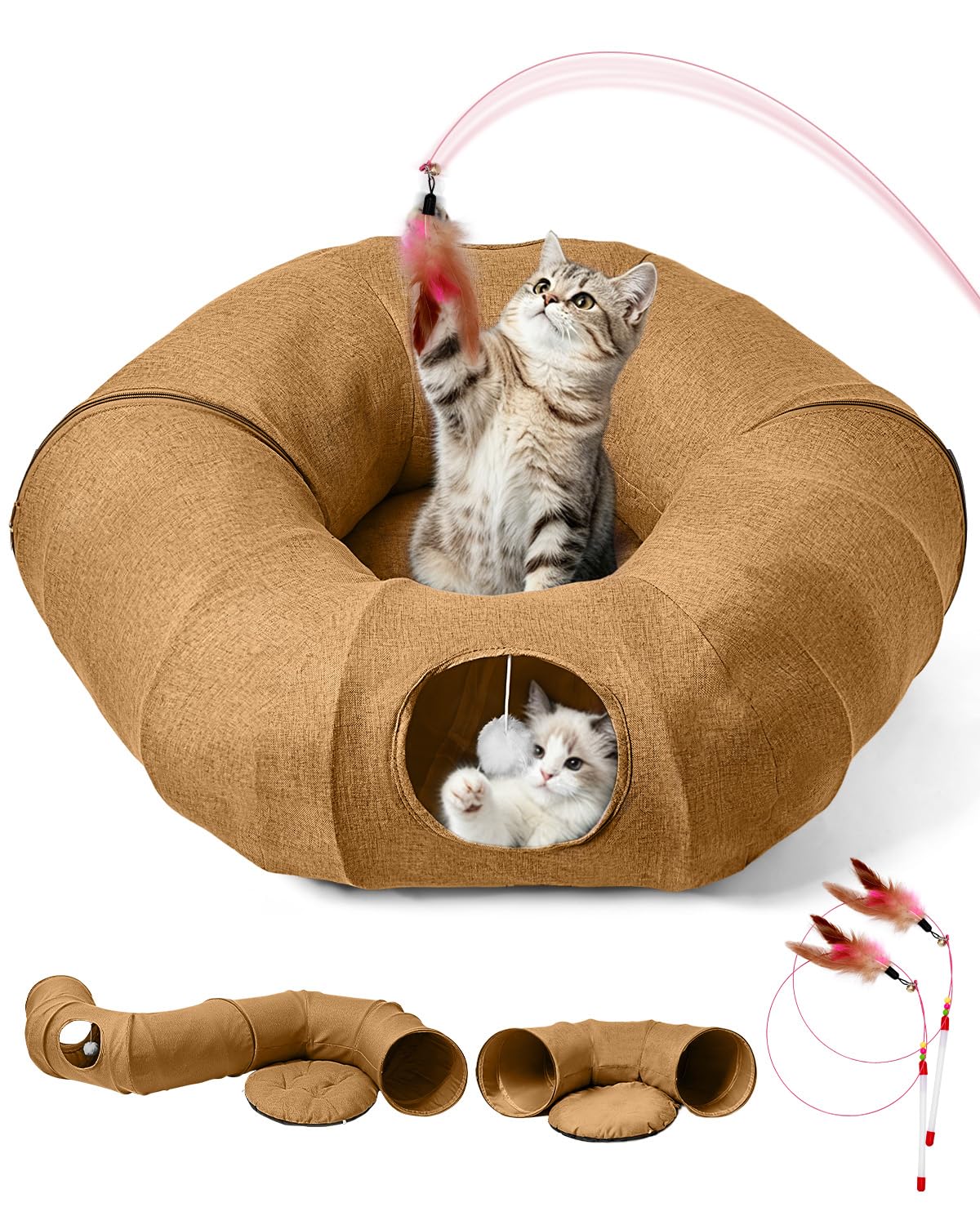 Odoland Cat Tunnel with Bed, Foldable Large Pet Donut Tunnel Bed in Linen