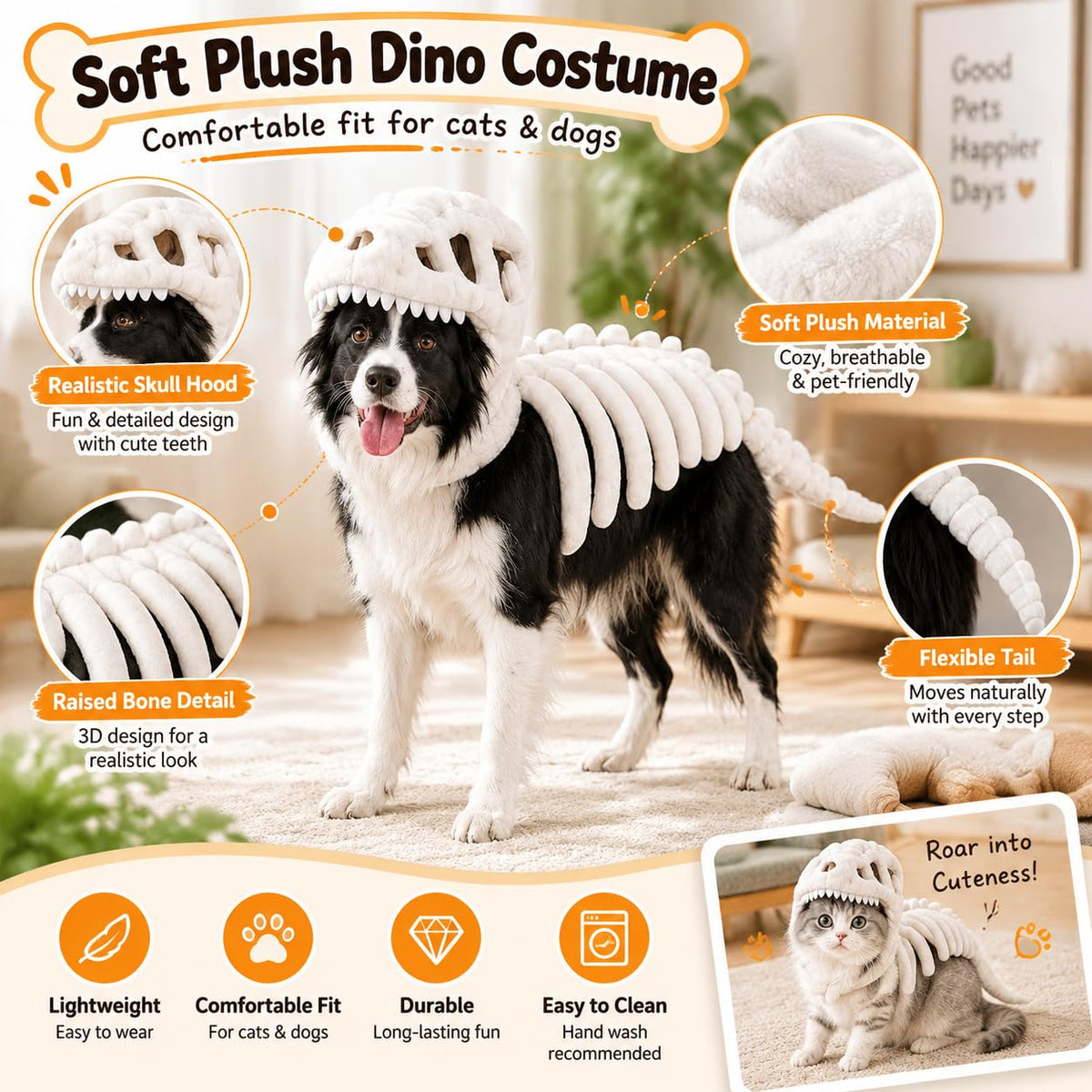 Dog Dinosaur Skeleton Halloween Costume, Plush Dino Pet Costume for Small, Medium, and Large Dogs, Funny Dog Cosplay Outfit for Halloween Party Decorations，Black：90cm