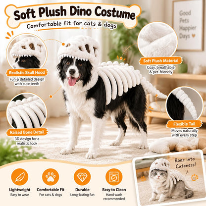 Dog Dinosaur Skeleton Halloween Costume, Plush Dino Pet Costume for Small, Medium, and Large Dogs, Funny Dog Cosplay Outfit for Halloween Party Decorations，Black：90cm