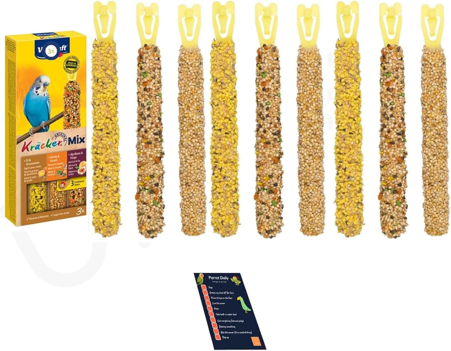 Bundle Budgies Crackers Trio-Mix including Egg, Grass Seeds, Apricot, Fig, Honey, Sesame - Pack of 3 (9 sticks in total - 270g) with Info Card