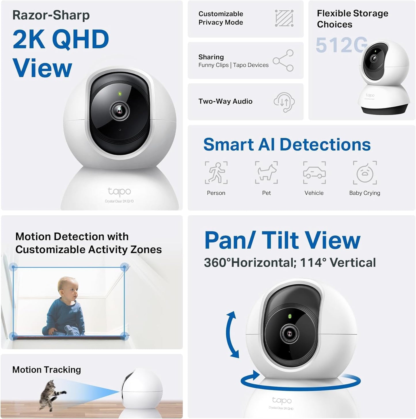 Tapo C211 2K 3MP Pan/Tilt Indoor Camera House Security Camera, WiFi Camera, No Monthly Fee, AI Detection, Dog Camera, Baby Camera Monitor, CCTV, 360° View, Night Vision, Works with Alexa & Google