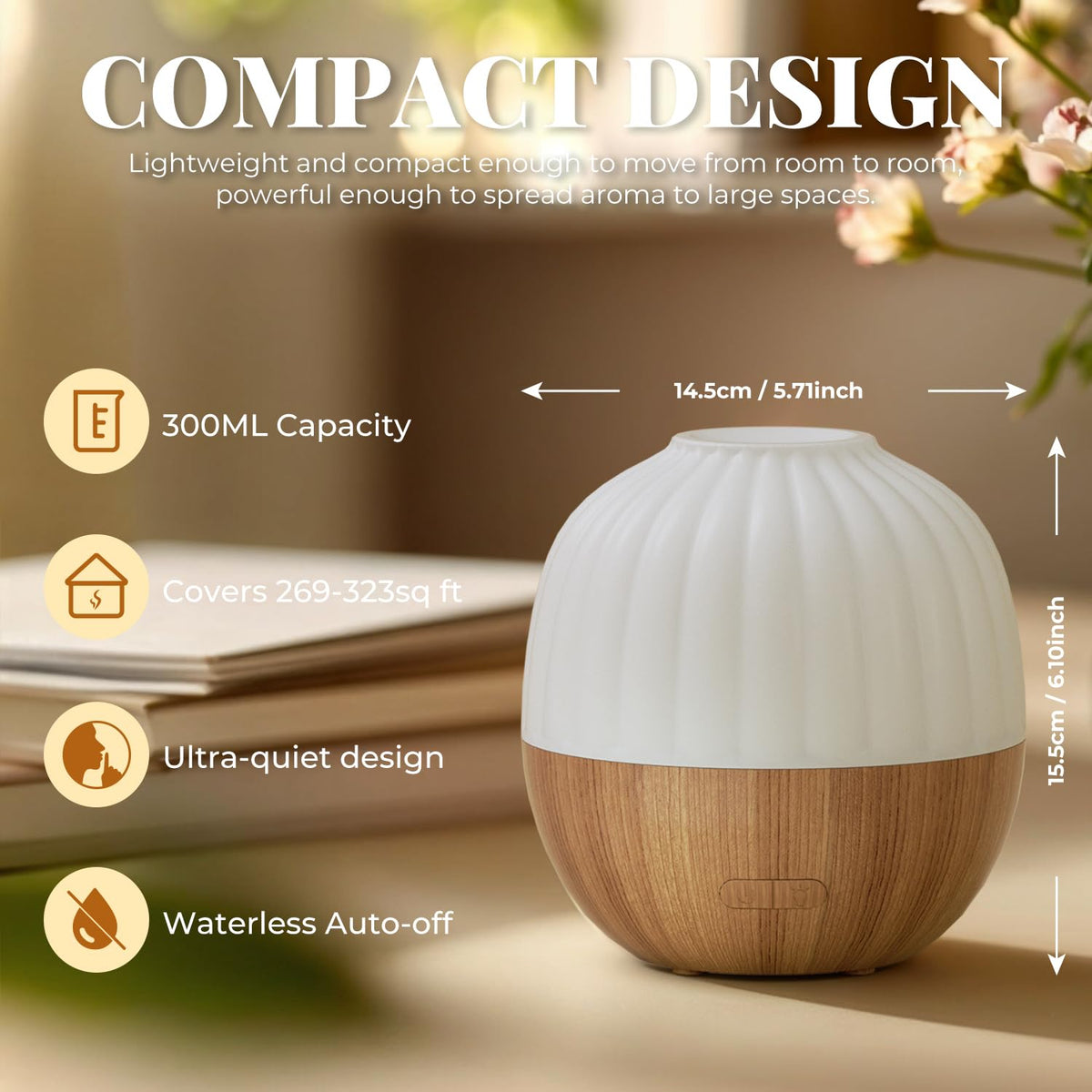 SALKING Essential Oil Diffuser, 100ml Small Aromatherapy Ultrasonic Cool Mist Humidifier with Warm White Lights, Auto Shut-Off Function, for Office Home