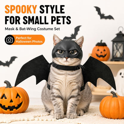 Halloween Cat Costume Bat Wings & Mask Pet Costume Accessory 2Pcs (Black)