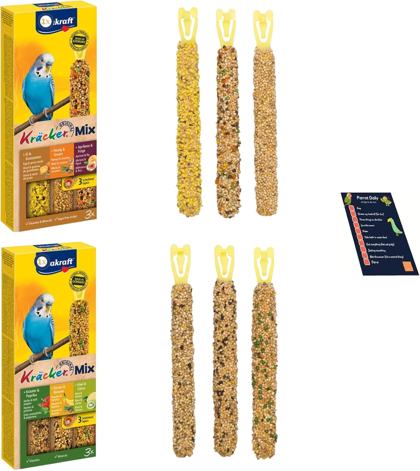 UbiPet 2x packs of Budgies Crackers Trio-Mix (6 sticks in total - including Sesame Seeds, Paprica, Kiwi, Egg, Apricot, Honey, Lemon) with Info Card