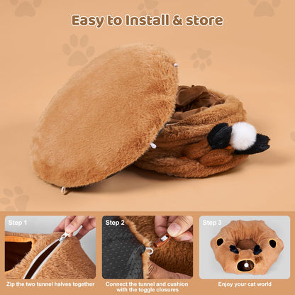 Odoland Cat Tunnel with Bed, Foldable Large Pet Donut Tunnel Bed in Linen