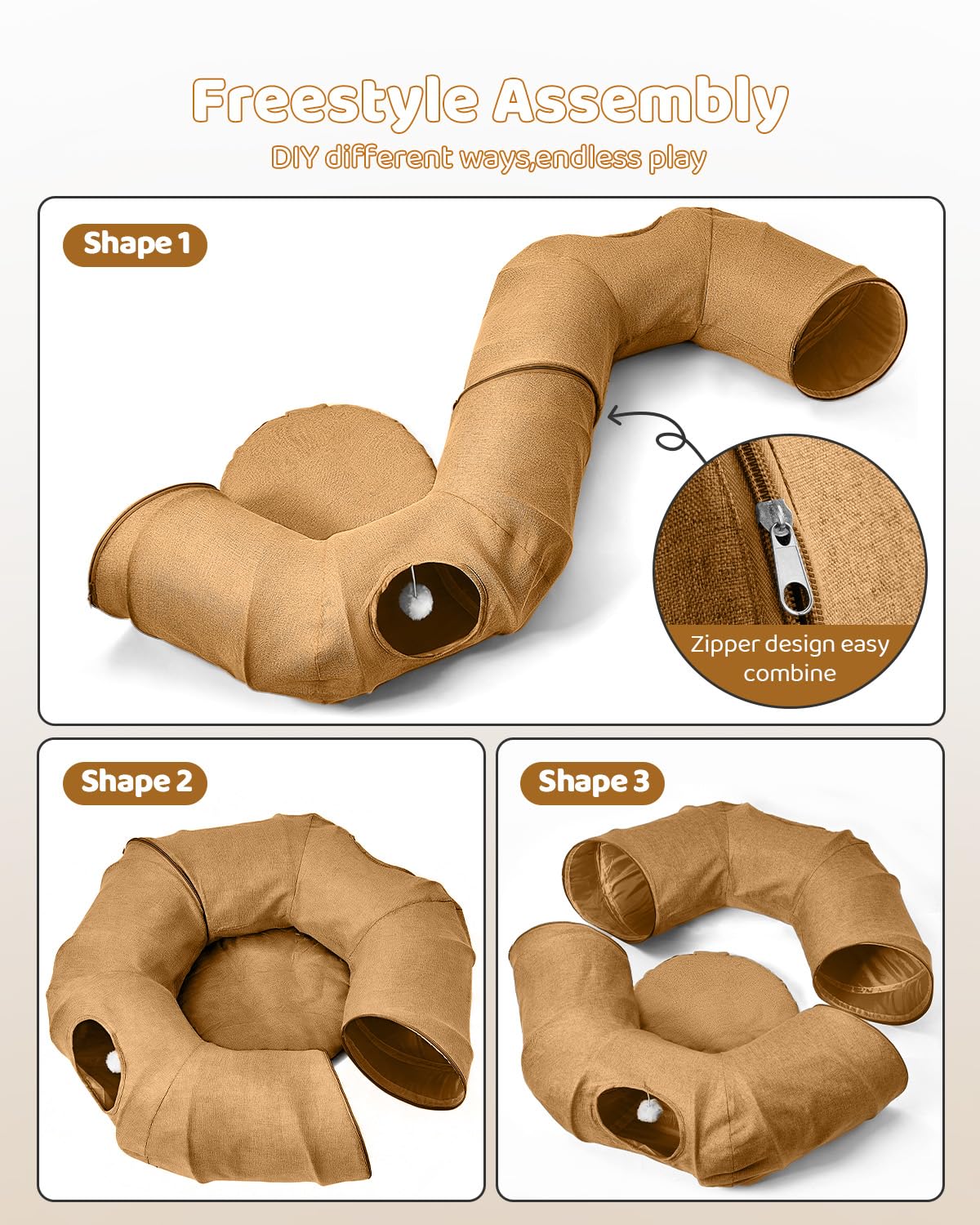 Odoland Cat Tunnel with Bed, Foldable Large Pet Donut Tunnel Bed in Linen