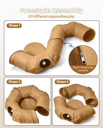 Odoland Cat Tunnel with Bed, Foldable Large Pet Donut Tunnel Bed in Linen