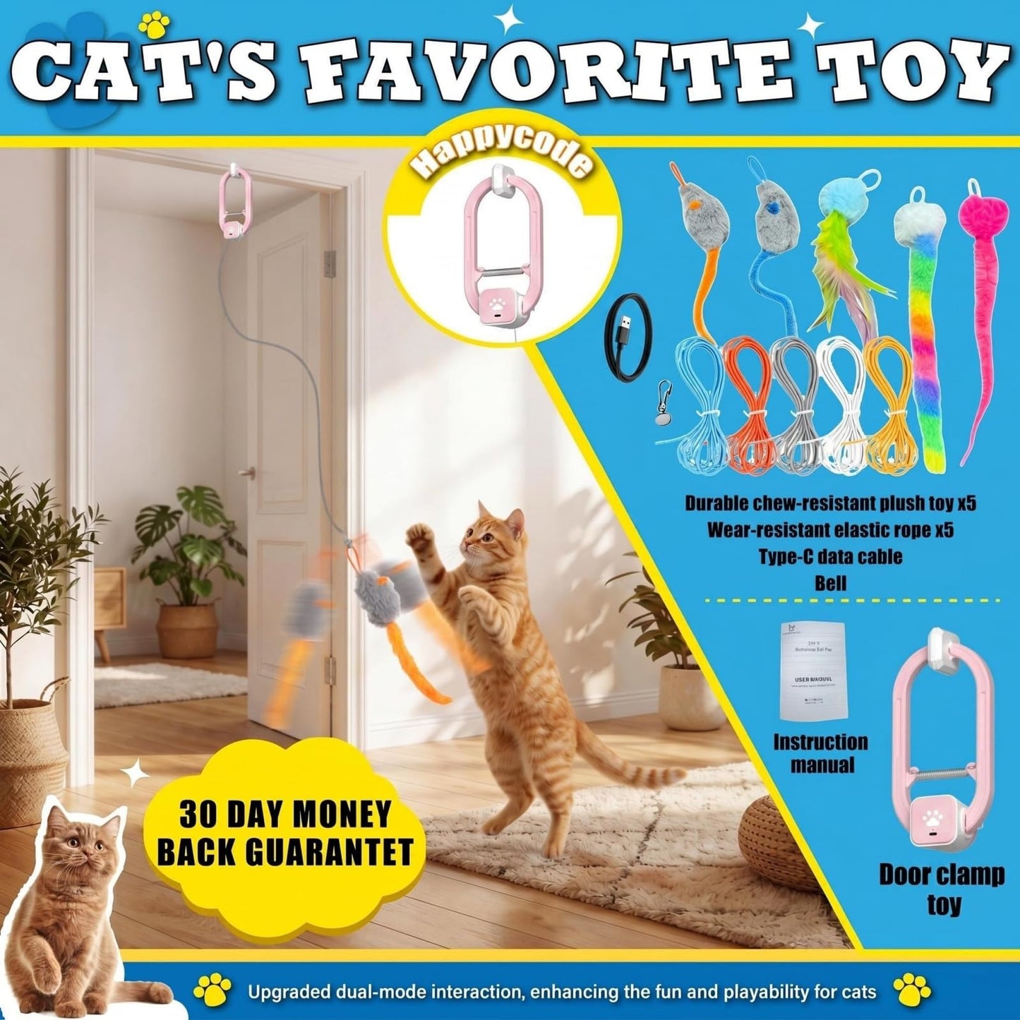 Interactive Cat Toy, Electric Cat Teaser, Door Clip, 2 Motion Modes,grey
