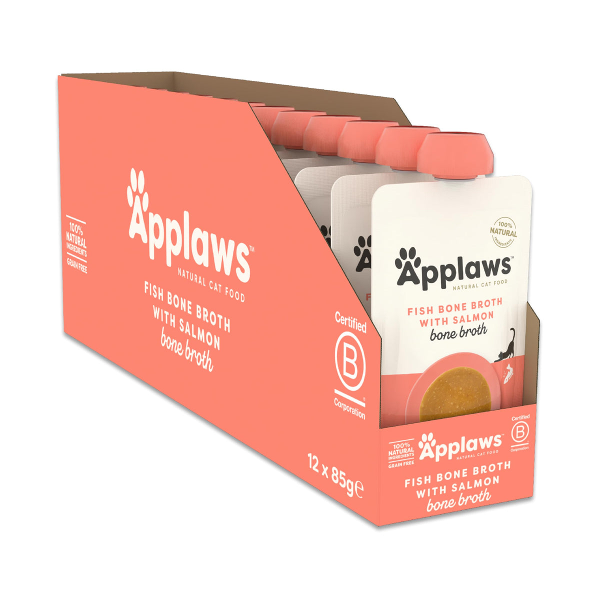 Applaws Natural Cat Food Toppers, Fish Bone Broth Pouches - 4 x 85g