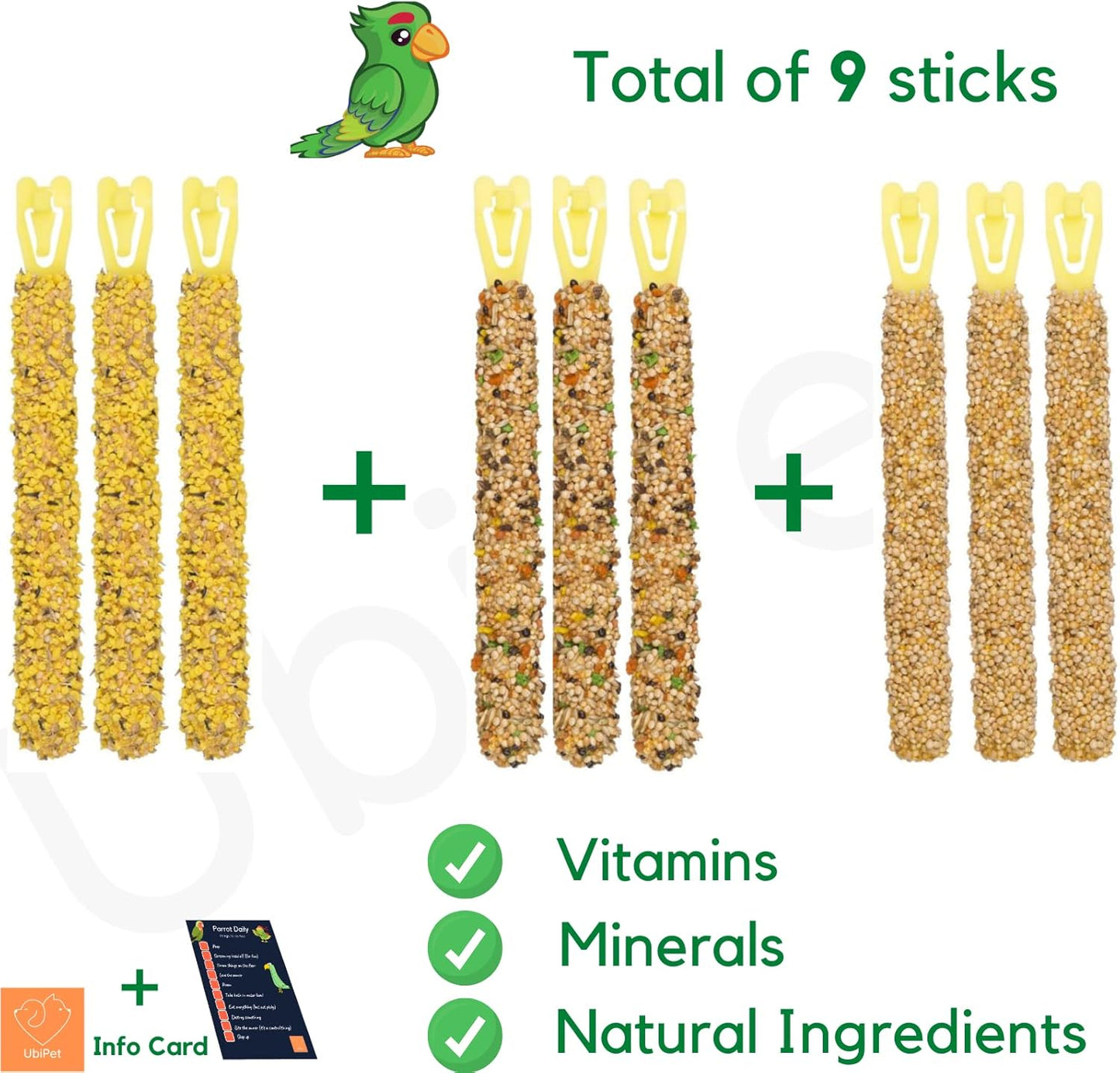 Bundle Budgies Crackers Trio-Mix including Egg, Grass Seeds, Apricot, Fig, Honey, Sesame - Pack of 3 (9 sticks in total - 270g) with Info Card
