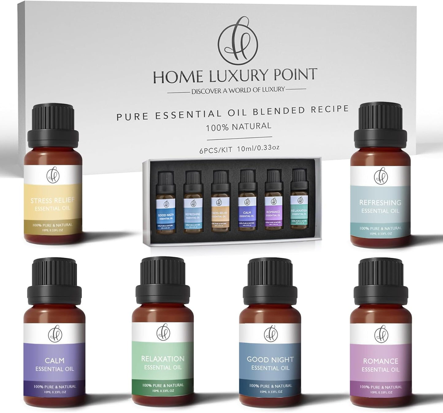 Home Luxury Point - Top 22 Essential Oil Blends – Gift Set - 100% Pure Natural - Pack of 6x10ml Premium Aromatherapy Oils for Diffuser, Oil Burner and Massage-Therapeutic and Relaxing Fragrance - Calm