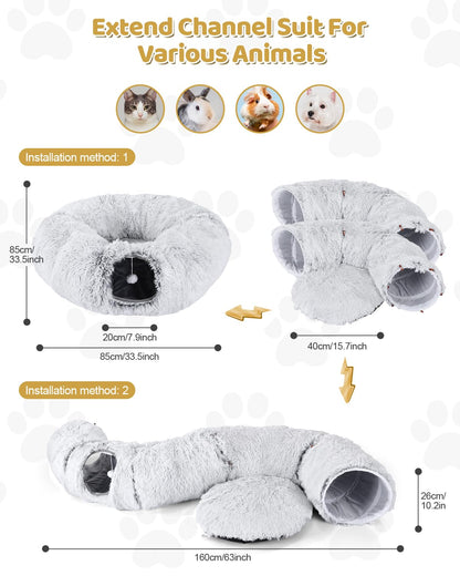 Odoland Cat Tunnel with Bed, Foldable Large Pet Donut Tunnel Bed in Linen
