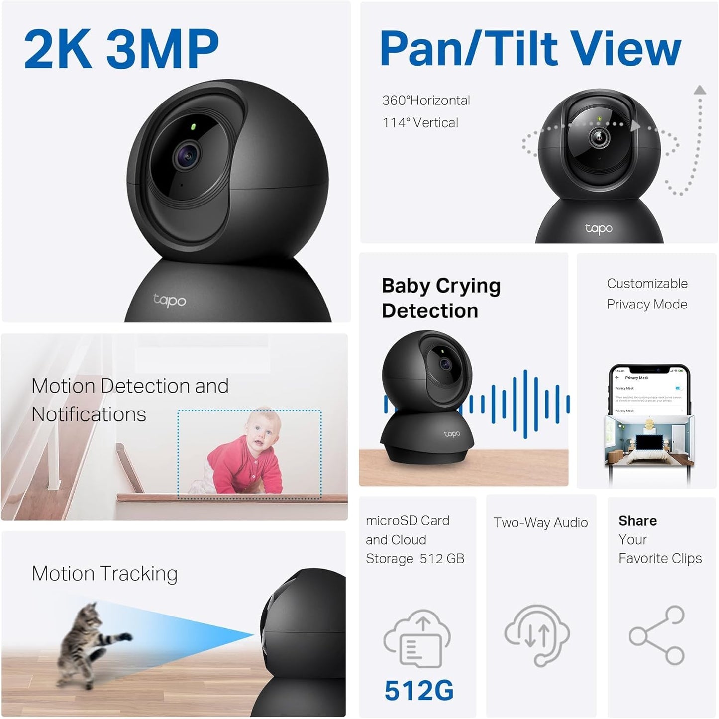 Tapo C211 2K 3MP Pan/Tilt Indoor Camera House Security Camera, WiFi Camera, No Monthly Fee, AI Detection, Dog Camera, Baby Camera Monitor, CCTV, 360° View, Night Vision, Works with Alexa & Google