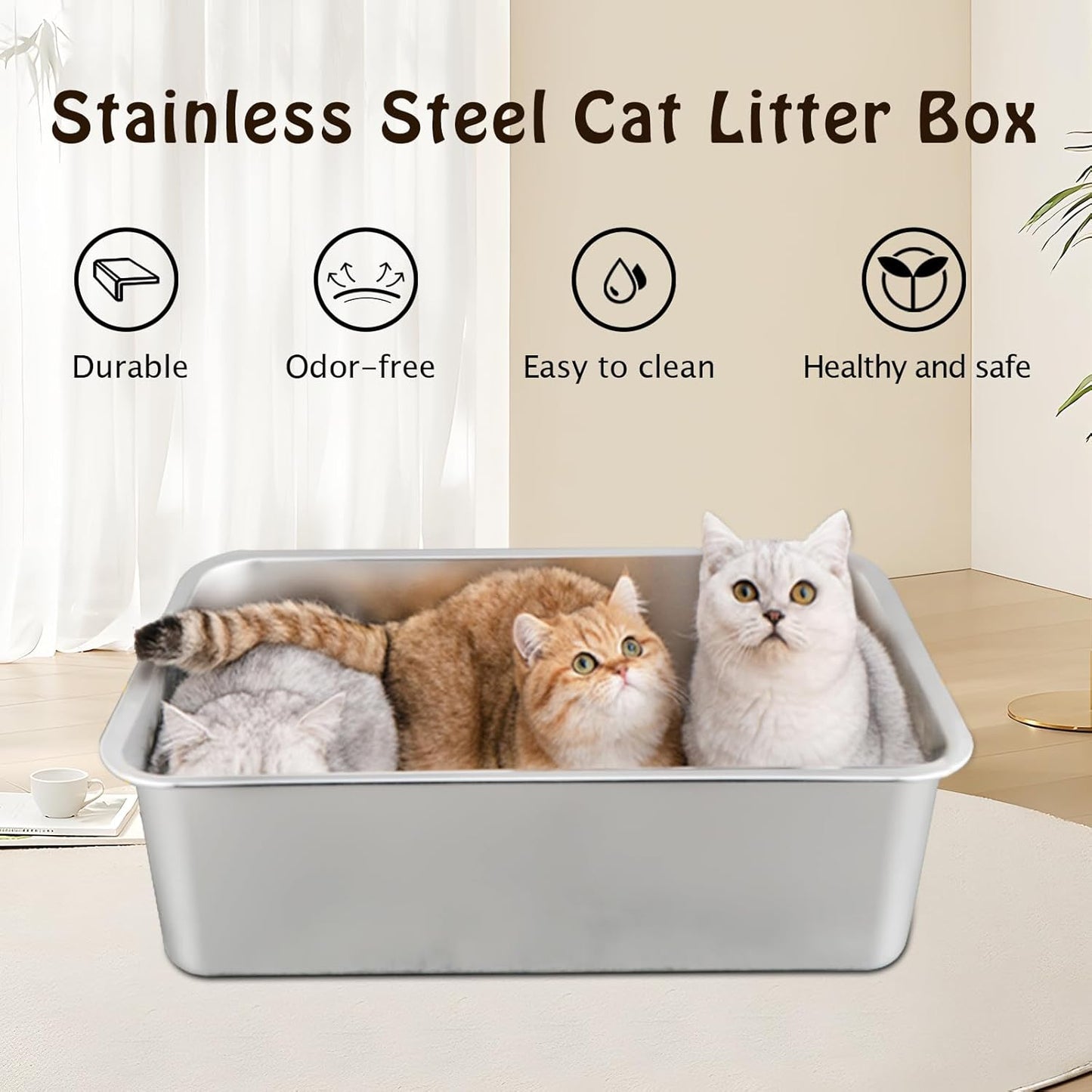 XXL Cat Litter Tray 50 * 35 * 15CM(19.5" L x 13.5" W x 6" H) Litter Tray Litter Box Large Cat Litter Trays for Cats Rabbits, Never Absorbs Odors, Rustproof, Non Stick Smooth Surface