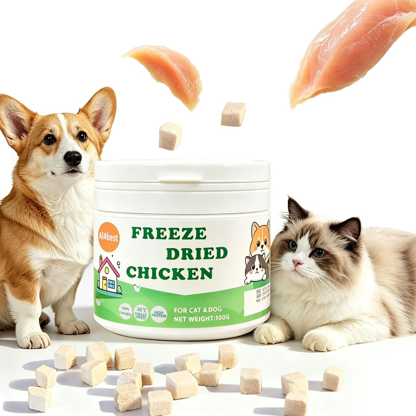 Freeze Dried Chicken Breast Cat Treats and Food 100g 100% Chicken Natural Grain Free Allergen-Free & Hypoallergenic Easy Digestion Nibbles Nutritious Cat, Kitten and Dog Snacks(Small-Sized Cube 10mm)