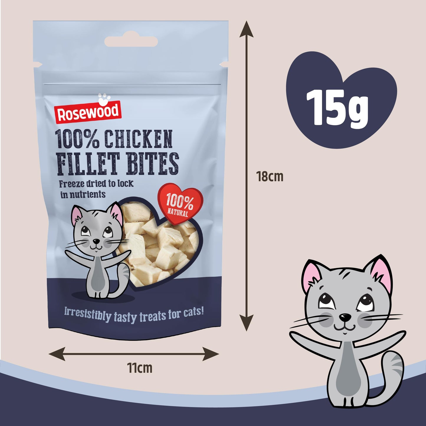 Rosewood Freeze Dried Chicken Bites for Cats - All Natural Chicken Fillet, Small, Bite-Sized Cat Treats, Grain-Free, Natural and Healthy Cat Snacks (Case of 12 x 15g Packs)