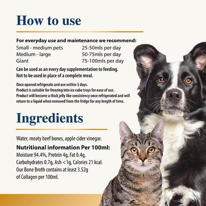 Chicken Bone Broth for Dogs & Cats - Free Range | 100% Real & Natural Liquid Bone Broth for Pets | High in Collagen & Protein for Healthy Joints, Gut, Digestion, Skin & Sickness Recovery