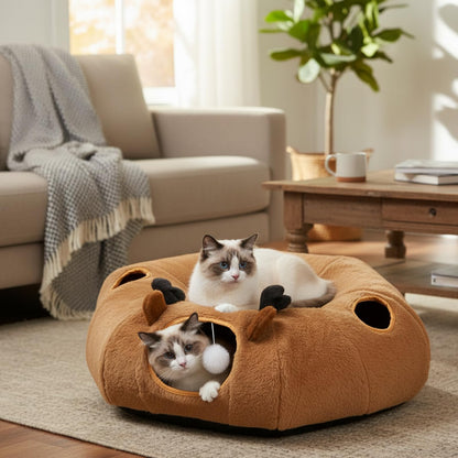Odoland Cat Tunnel with Bed, Foldable Large Pet Donut Tunnel Bed in Linen