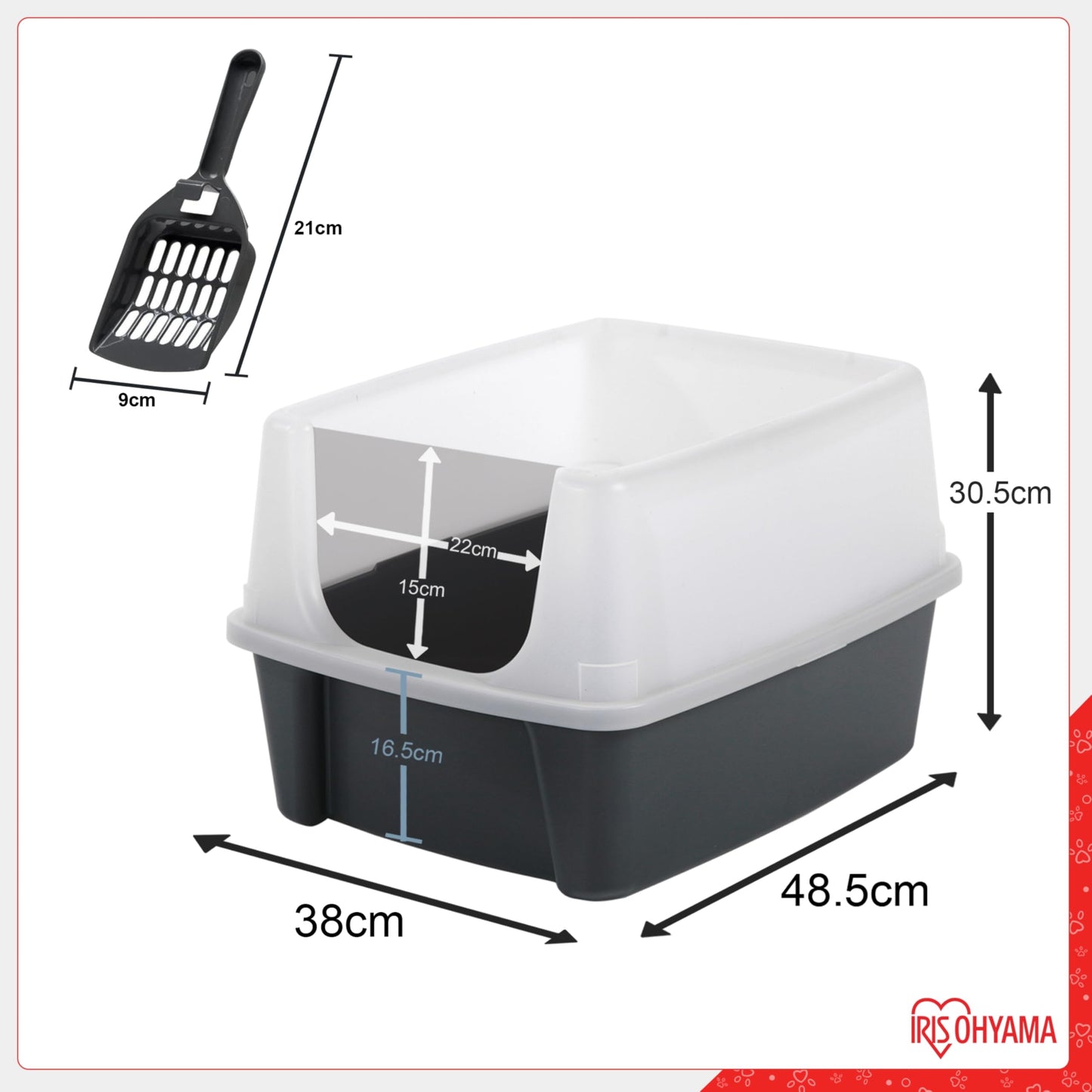 Iris Ohyama Cat Litter Tray with Scoop, Grey, Easy to Clean, Cat Litter Box, Detachable Spill Preventing Walls, For Kittens, Adult Cats, Rabbits, BPA Free, Open Top, Modern, CLH-12