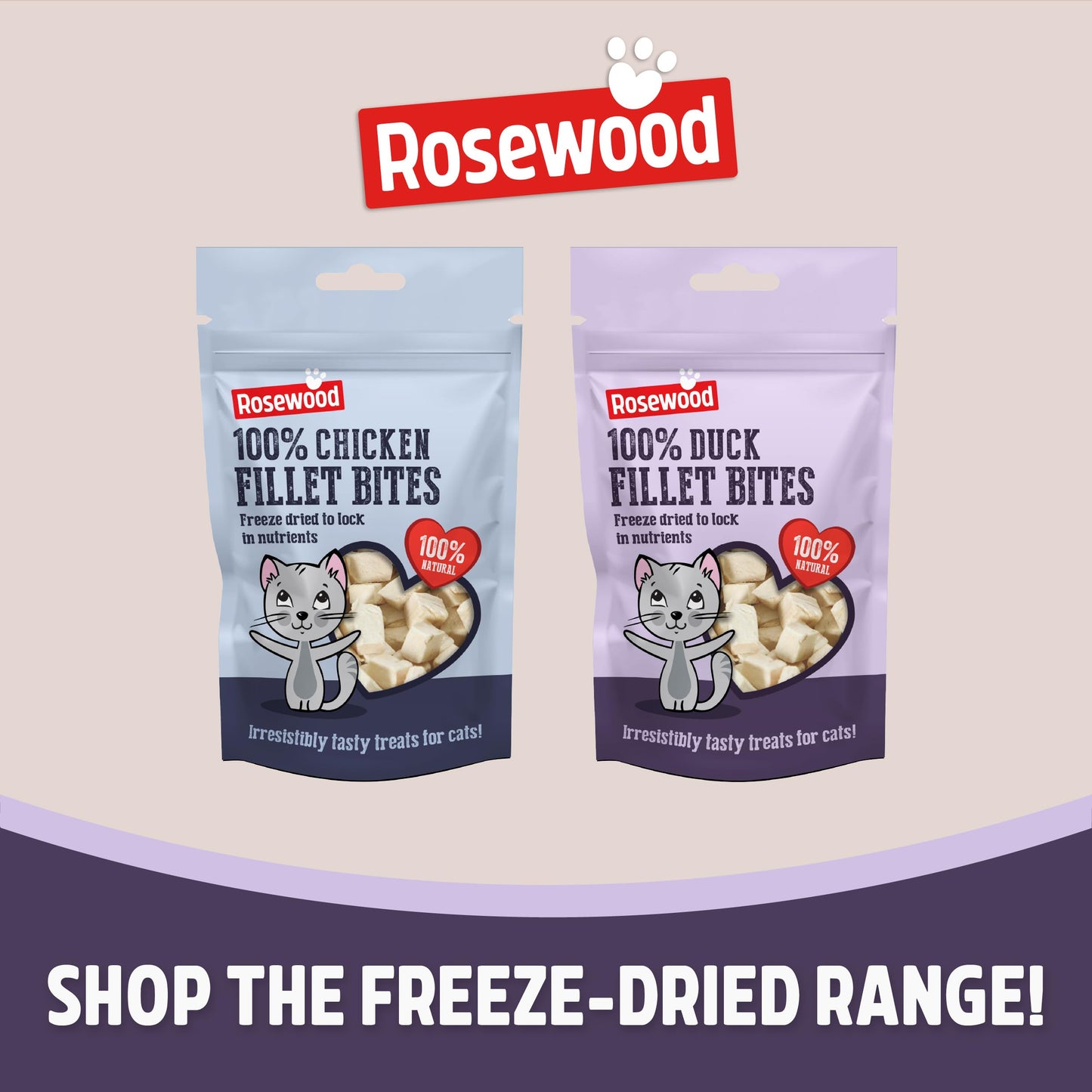 Rosewood Freeze Dried Chicken Bites for Cats - All Natural Chicken Fillet, Small, Bite-Sized Cat Treats, Grain-Free, Natural and Healthy Cat Snacks (Case of 12 x 15g Packs)