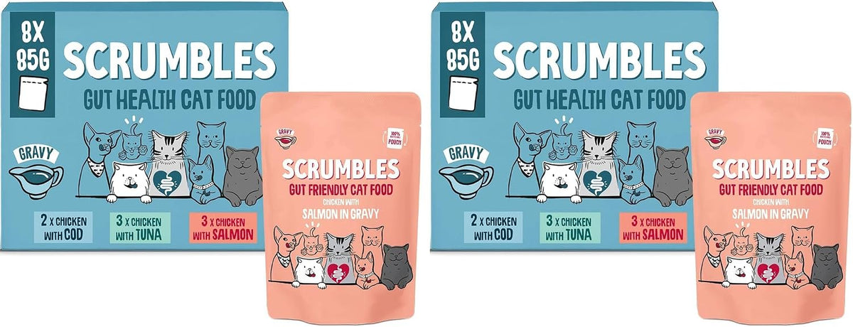 Scrumbles • Wet Cat Pouches • Gravy Fish • Hypoallergenic • All Lifestages • 2x Chicken with Tuna • 3x Chicken with Cod • 2xChicken with Salmon • 8 Pouches (85g) • 80%+ Meat • Prebiotics