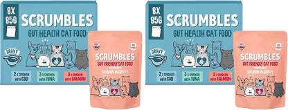Scrumbles • Wet Cat Pouches • Gravy Fish • Hypoallergenic • All Lifestages • 2x Chicken with Tuna • 3x Chicken with Cod • 2xChicken with Salmon • 8 Pouches (85g) • 80%+ Meat • Prebiotics