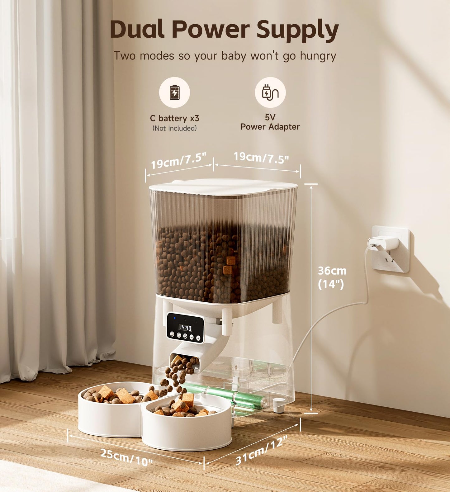 5L Cat Feeder Automatic with Timer, Automatic Cat Feeder, 1-9 Meals Per Day, Cats Food Dispenser with 2 Bowl, Auto Pet Feeder for 2 kittens and Small Dogs, Dual Power Supply