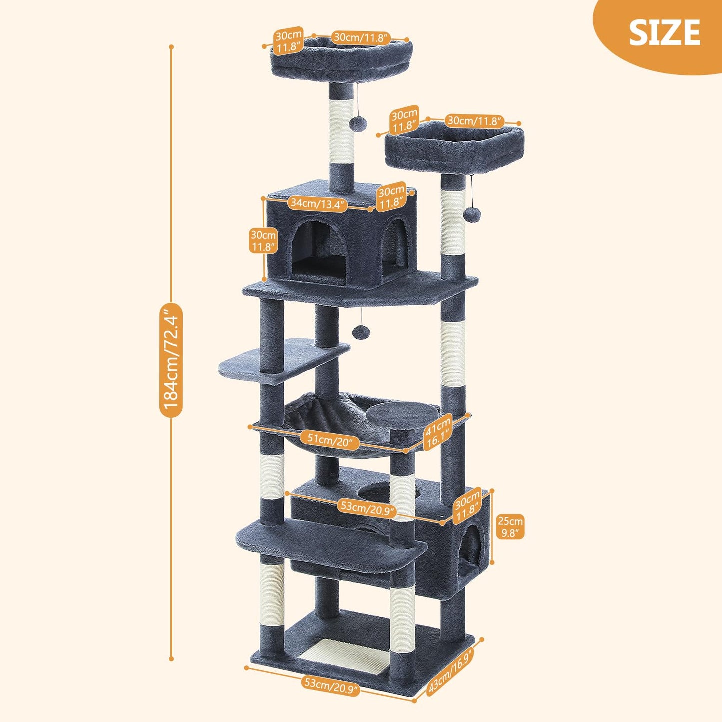 PAWZ Road Cat Tree for Large Cats, 184cm Tall Cat Tower with Large Condo