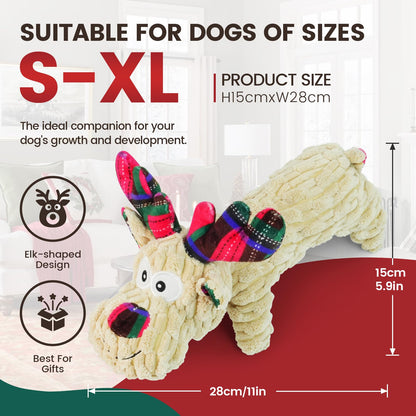 Christmas Dog Toy – Reindeer Plush with Squeaker & Crinkle Ears Durable Corduroy Texture Soft PP Cotton Filled Festive Gift Toy for Small & Medium Dogs Cute Holiday Chew & Fetch Toy