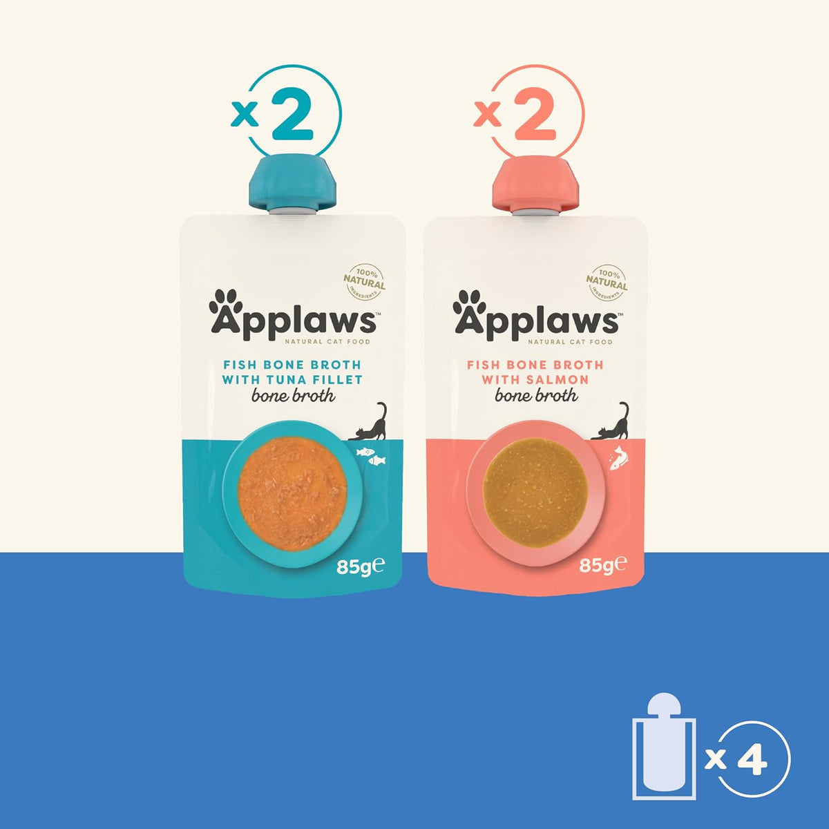 Applaws Natural Cat Food Toppers, Fish Bone Broth Pouches - 4 x 85g