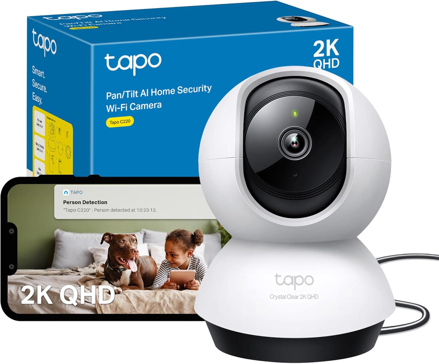 Tapo C211 2K 3MP Pan/Tilt Indoor Camera House Security Camera, WiFi Camera, No Monthly Fee, AI Detection, Dog Camera, Baby Camera Monitor, CCTV, 360° View, Night Vision, Works with Alexa & Google