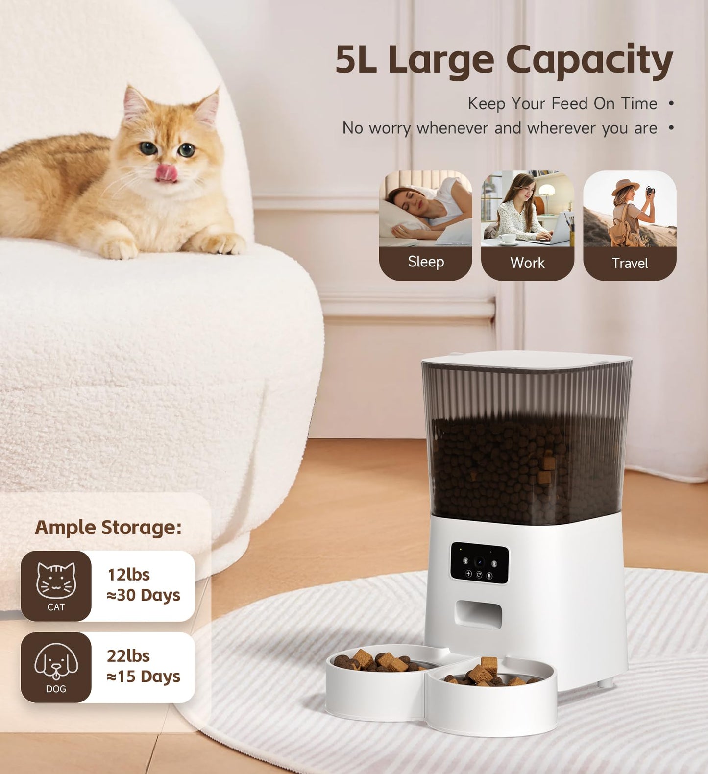 5L Cat Feeder Automatic with Timer, Automatic Cat Feeder, 1-9 Meals Per Day, Cats Food Dispenser with 2 Bowl, Auto Pet Feeder for 2 kittens and Small Dogs, Dual Power Supply